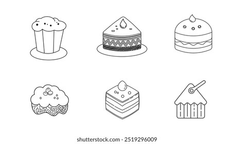 Line art vector design with cute doodles of cakes  cupcakes