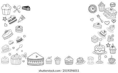 Diseño de Vector de arte de línea con garabatos lindos de pasteles cupcakes