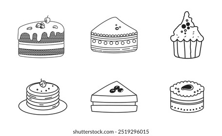 Line art vector design with cute doodles of cakes  cupcakes