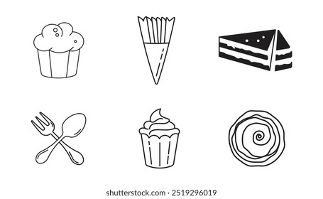 Line art vector design with cute doodles of cakes  cupcakes