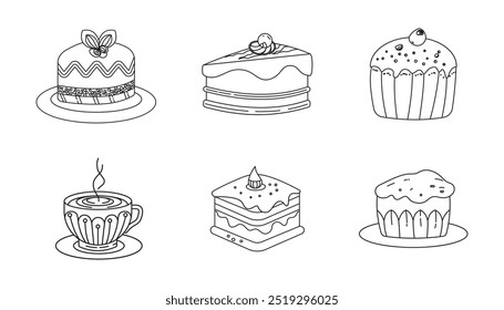 Projeto vetorial de arte de linha com bonitos doodles de bolos cupcakes