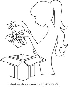 Diseño de Vector de arte de línea de una niña que abre una caja de regalo, capturando la alegría y la emoción con trazos elegantes y minimalistas y detalles delicados.