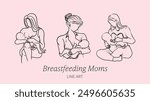 Line art vector design of moms breastfeeding babies in different poses.