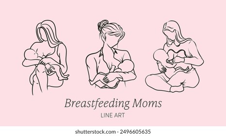 Line Art Vektordesign von Müttern, die Babys in verschiedenen Posen stillen.