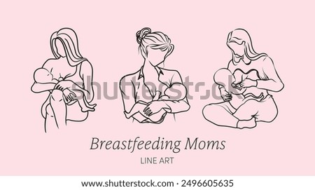 Line art vector design of moms breastfeeding babies in different poses.