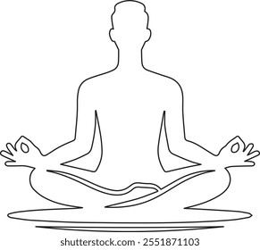 Line art vector design of a person meditating in a lotus position, featuring minimalist strokes and a serene aesthetic perfect for wellness and mindfulness themes.