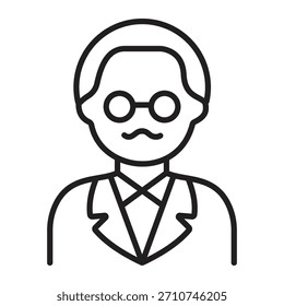 Vetor de arte linear de um distinto homem sênior com um bigode e óculos redondos, vestindo um blazer. Representa um acadêmico, professor, especialista ou profissional.