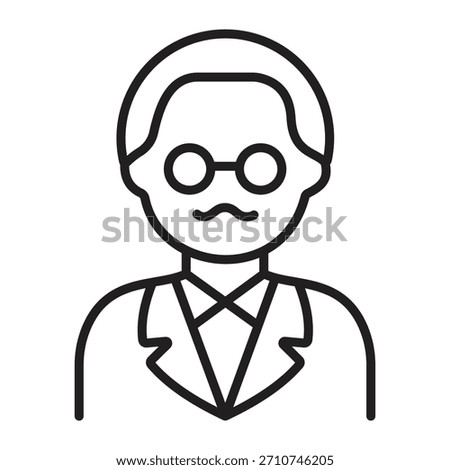 Line art vector of a distinguished senior man with a mustache and round glasses, wearing a blazer. Represents an academic, professor, expert, or professional.