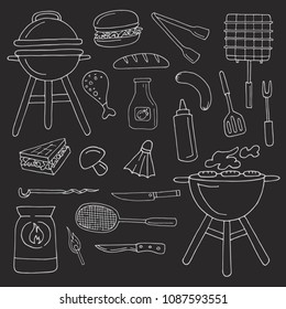   Line art vector doodle cartoon set of picnic symbols. Hand-drawn linear design elements. Isolated on black background. White outline.