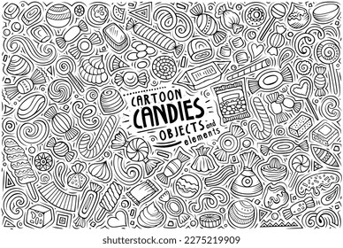 Line art vector doodle cartoon set of Candies theme items, objects and symbols