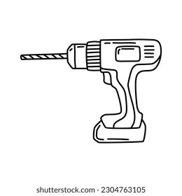 vector de arte de línea o doodle de destornillador o taladro sin cordón en la mano, aislado en fondo blanco