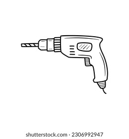 line art vector or doodle of screwdriver or drill on hand, isolated on white background