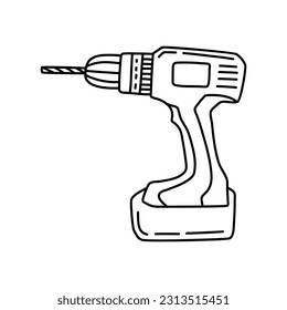 line art vector or doodle of screwdriver or Cordless drill on hand, isolated on white background