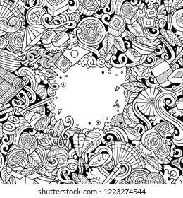 Line art vector doodles Japan food frame. Sketchy, detailed, with lots of objects background. All objects separate. Outline japanese cuisine funny border