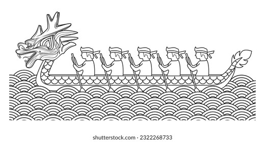 Line art vector of Dragon boat festival with Dragon boat and boatman or sailor drawing in black and white