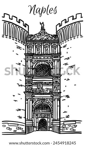 Line art vector drawing of Castel Nuovo gate in Naples, Italy. Architecture tourism landmark, travel destination. Hand drawn black and white illustration