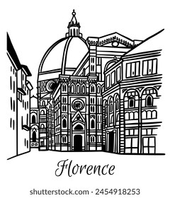 Line art vector drawing of Cathedral of Santa Maria del Fiore in Florence, Italy. Architecture tourism landmark, travel destination. Hand drawn black and white illustration svg