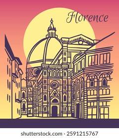 Line art vector drawing of Cathedral of Santa Maria del Fiore in Florence, Italy. Architecture tourism landmark, travel destination. Hand drawn evening sun illustration