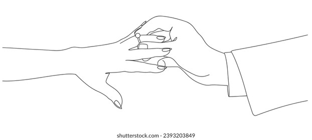 dibujo vectorial de línea de cierre de la mano masculina insertando un anillo de compromiso en un dedo