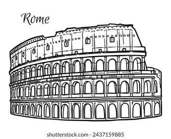 Line art vector drawing of Colosseum in Rome, Italy. Architecture tourism landmark, travel destination. Hand drawn black and white illustration