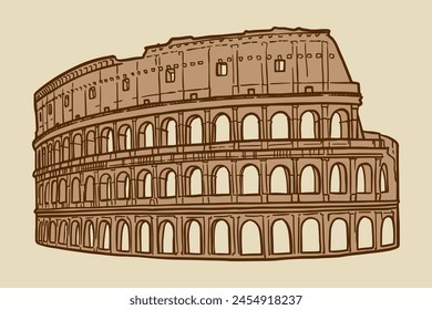 Line art vector drawing of Colosseum in Rome, Italy. Architecture tourism landmark, travel destination. Hand drawn vintage brown illustration