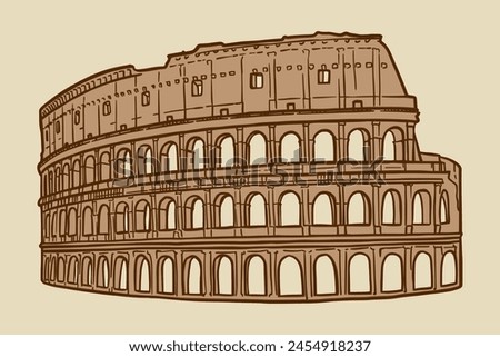 Line art vector drawing of Colosseum in Rome, Italy. Architecture tourism landmark, travel destination. Hand drawn vintage brown illustration