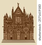 Line art vector drawing of Duomo di Siena cathedral, Italy. Architecture tourism landmark, travel destination. Hand drawn vintage brown illustration