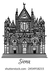 Line art vector drawing of Duomo di Siena cathedral, Italy. Architecture tourism landmark, travel destination. Hand drawn black and white illustration