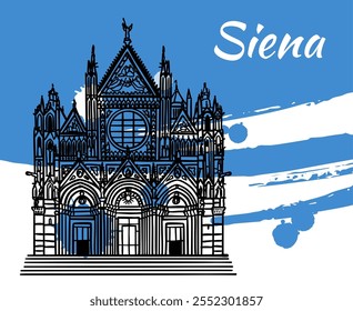 Desenho vetorial de arte em linha da catedral de Duomo di Siena, Itália. Monumento turístico de arquitetura, destino de viagem. Ilustração desenhada à mão sobre traçados de pincel soltos