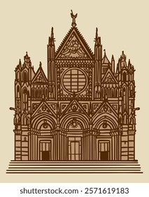 Line art vector drawing of Duomo di Siena cathedral, Italy. Architecture tourism landmark, travel destination. Hand drawn vintage brown illustration