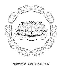 Line art vector drawing of lotus flower on lotus leaf with lotus flower frame