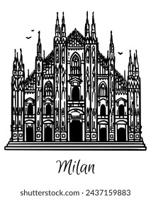 Line art vector drawing of the Milan Cathedral, Italy. Architecture tourism landmark, travel destination. Hand drawn black and white illustration