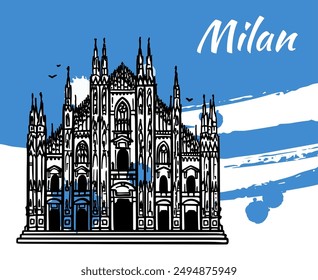 Line art vector drawing of the Milan Cathedral, Italy. Architecture tourism landmark, travel destination. Hand drawn illustration over loose brush strokes