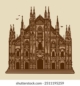 Line art vector drawing of the Milan Cathedral, Italy. Architecture tourism landmark, travel destination. Hand drawn vintage brown illustration