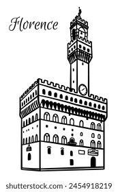 Line art vector drawing of Palazzo Vecchio in Florence, Italy. Architecture tourism landmark, travel destination. Hand drawn black and white illustration