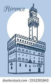 Line art vector drawing of Palazzo Vecchio in Florence, Italy. Architecture tourism landmark, travel destination. Hand drawn illustration