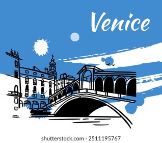 Line art vector drawing of Rialto Bridge in Venice, Italy. Architecture tourism landmark, travel destination. Hand drawn illustration over loose brush strokes