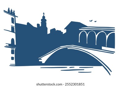 Line art vector drawing of Rialto Bridge in Venice, Italy. Architecture tourism landmark, travel destination. Hand drawn silhouette illustration in blue isolated over white