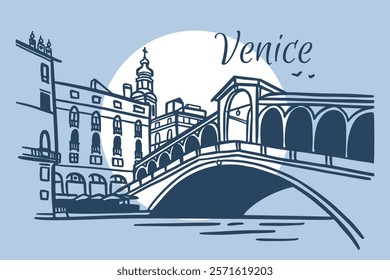 Line art vector drawing of Rialto Bridge in Venice, Italy. Architecture tourism landmark, travel destination. Hand drawn illustration