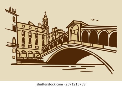 Line art vector drawing of Rialto Bridge in Venice, Italy. Architecture tourism landmark, travel destination. Hand drawn vintage brown illustration