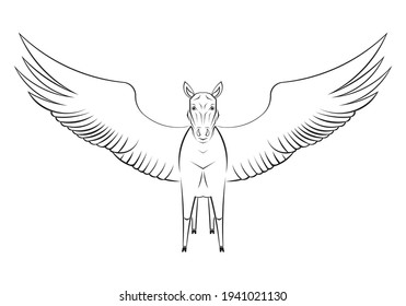Line art vector drawing smart white horse and flying wings Pegasus