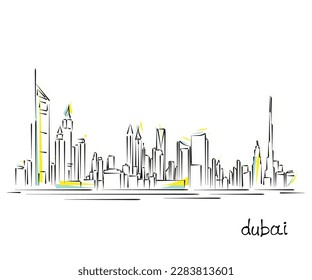 Line Art Vektor von dubai cityscape. Dubai-Skyline-Druck