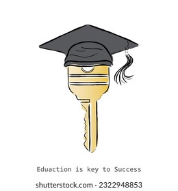 Line art vector of Education key symbol representing learning success or graduating student metaphor as a success training tool to open new horizons.