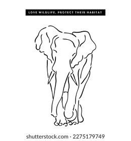 Line art vector of Elephant enjoying itself in Jungle. Conserve Wildlife and their habitat. Animal rights protection awareness.