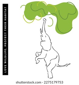 Line art vector of Elephant enjoying itself in Jungle. Conserve Wildlife and their habitat. Animal rights protection awareness.