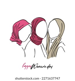 Line art vector of empowered Muslim women. Women's day concept art. Women in Islam. Hijab is a choice that Muslim women wear proudly.