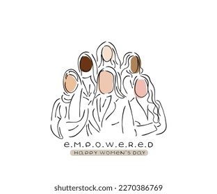 Line art vector of empowered women. Womens day art. Women from different ethnicity.