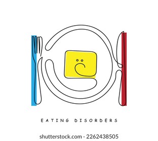 Line art vector of an empty plate with sad face sticker on it. Eating disorder Awareness.