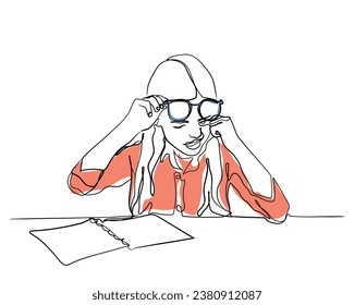 Line art vector Eyestrain Problem. Tired Schoolgirl Rubbing Sore Eye Doing Homework , Suffering From Fatigue And Dry Eyes Syndrome, Wearing Glasses Sitting At Desk At Home. Children Eyesight Issues