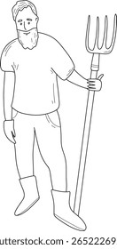 Line art vector of a farmer with pitchfork. Simple outline illustration perfect for agriculture designs, rural themes, farming logos, and educational materials.